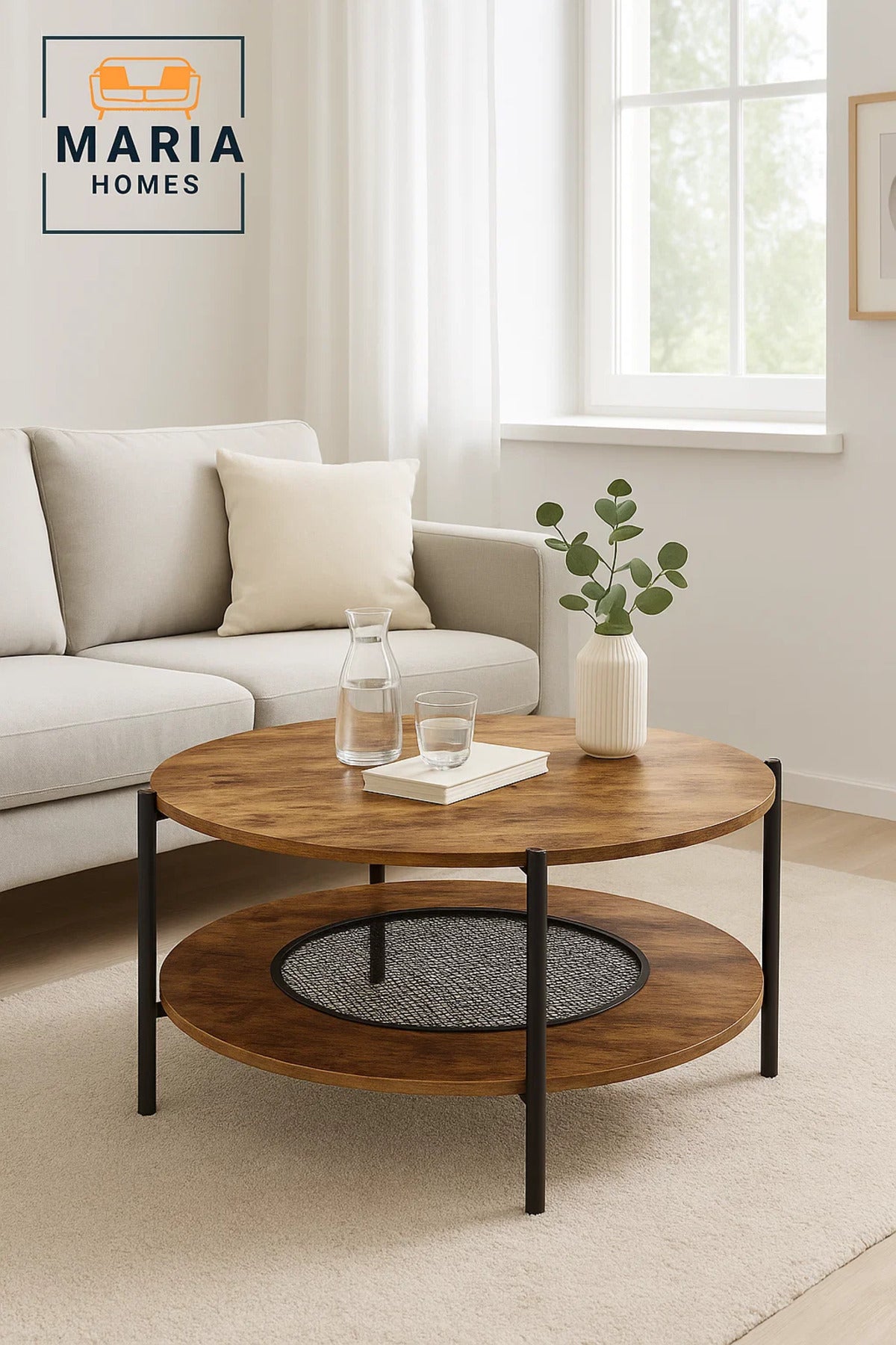 Round Brown Coffee Table √ê Modern Wooden Side Table with Storage Shelf 90_90_45 cm