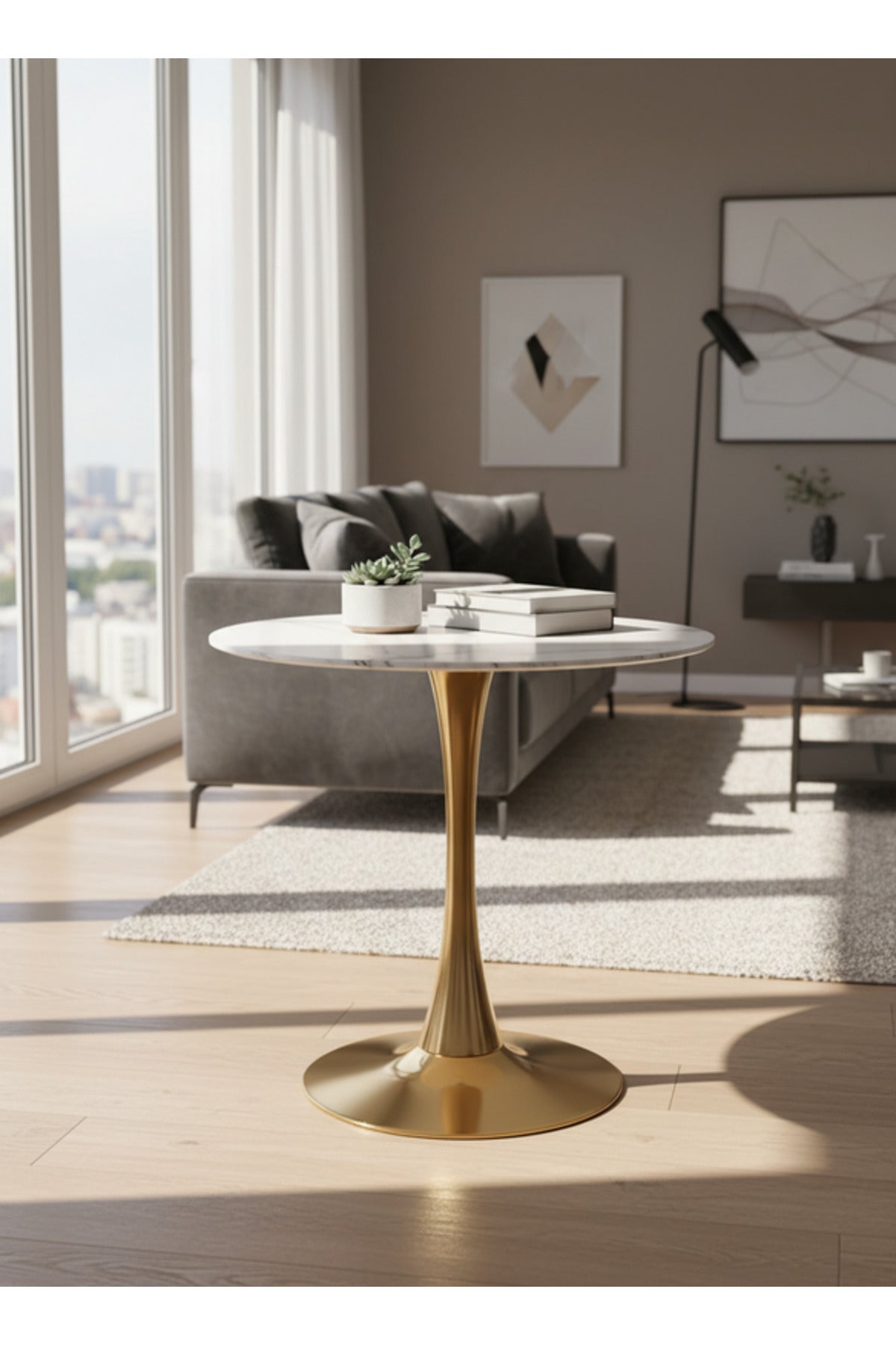 Modern Round White Table with Gold Pedestal Base