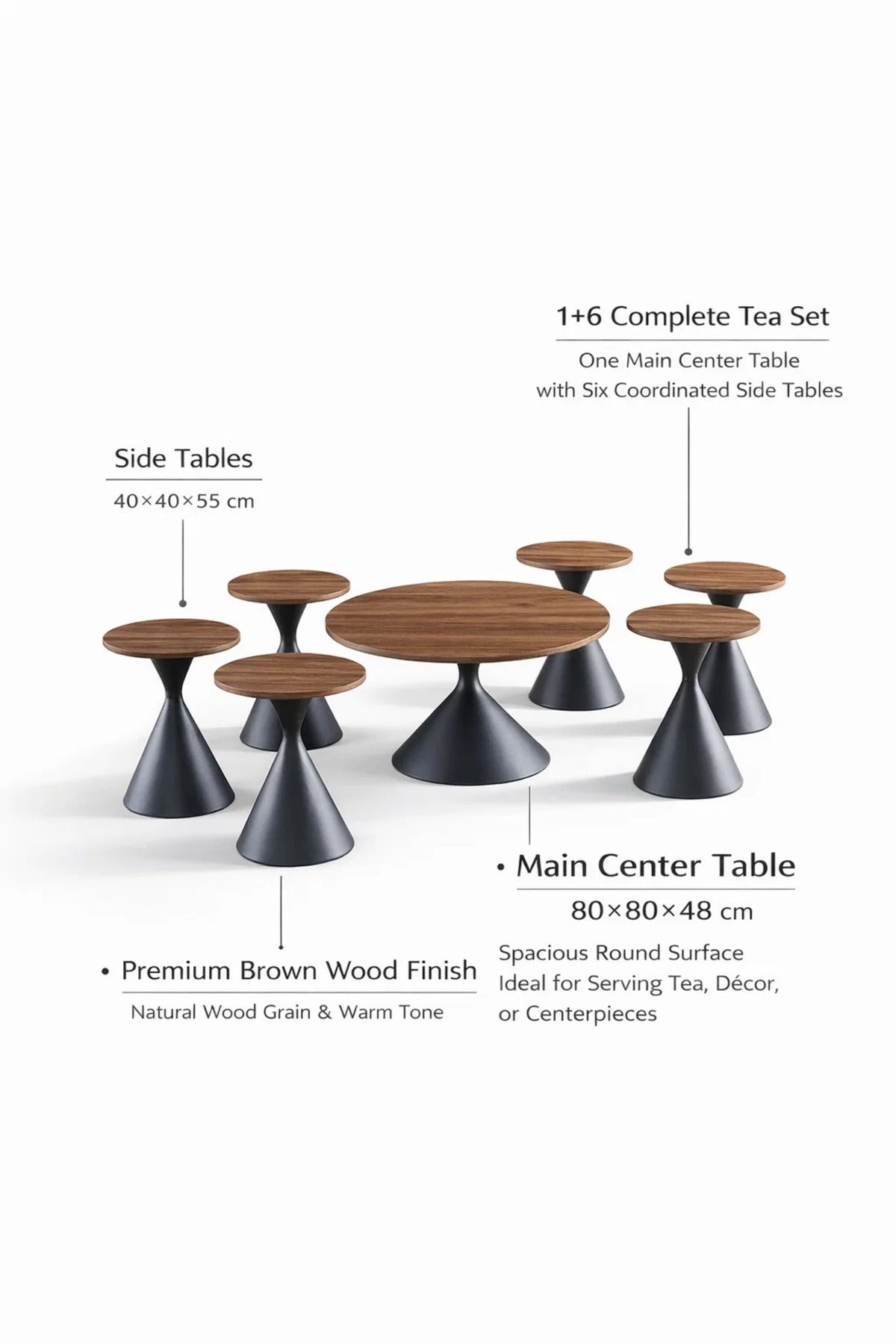 Modern 7-Piece Coffee Table Set Walnut Round Center Table and 6 Side Stands Living Room Decor