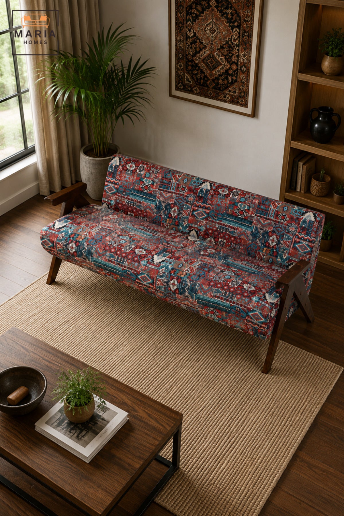Traditional Pattern Upholstered 3 Seater Sofa with Wooden Arms & Legs | Vintage Style Accent Couch for Living Room, Lounge & Sitting Area