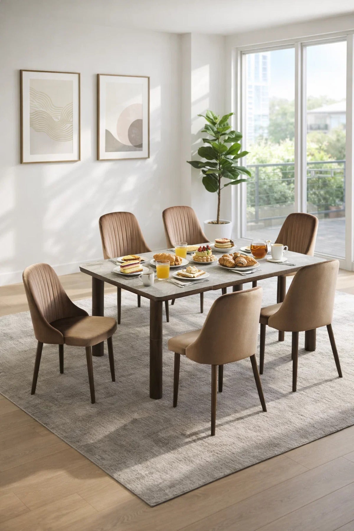Elegant 6-Person Dining Room Set with Marble Pattern Table and Upholstered Velvet Chairs Brown