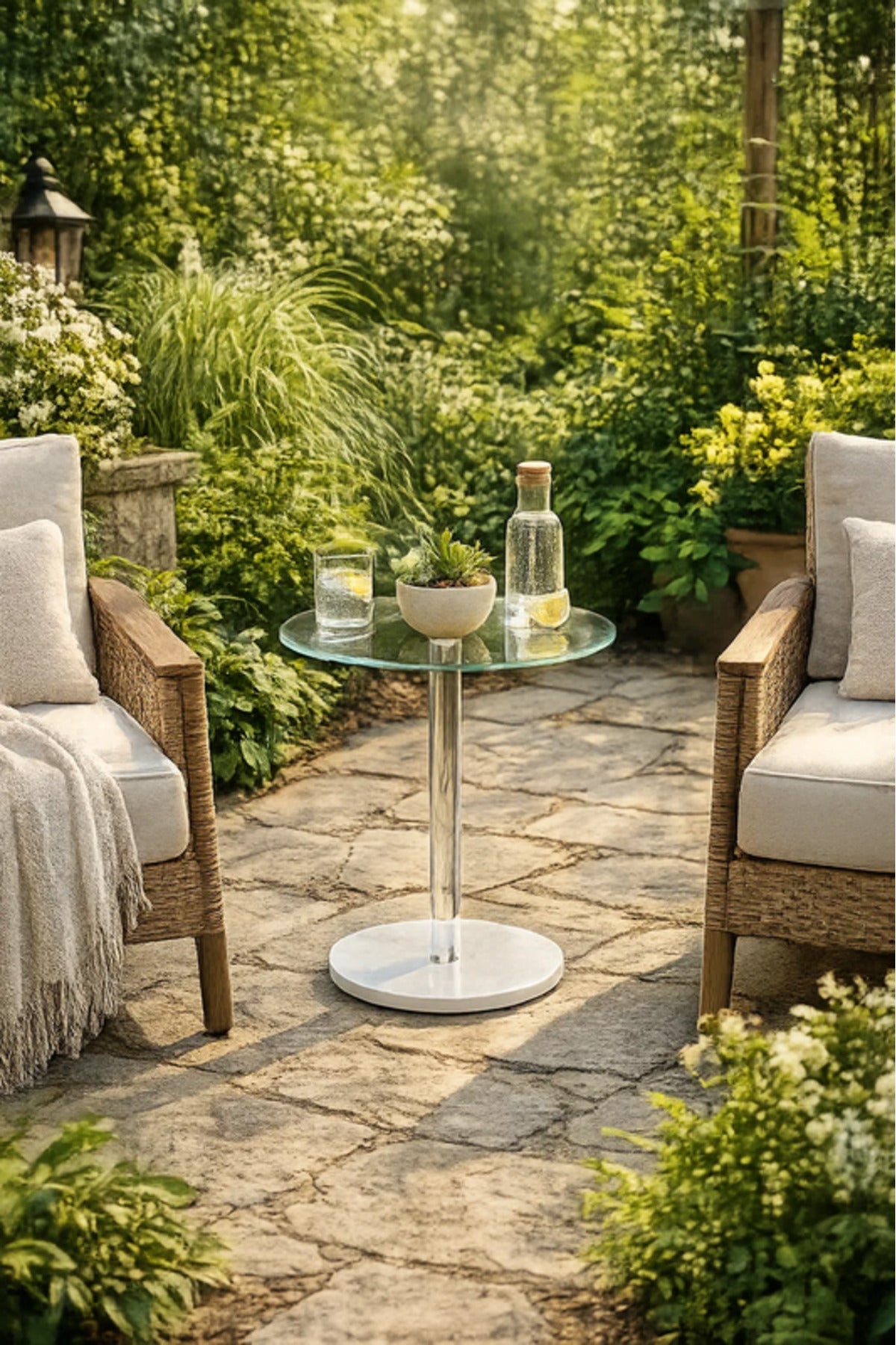 Modern Glass Top Outdoor Bistro Table with White Base Patio Cafe Table