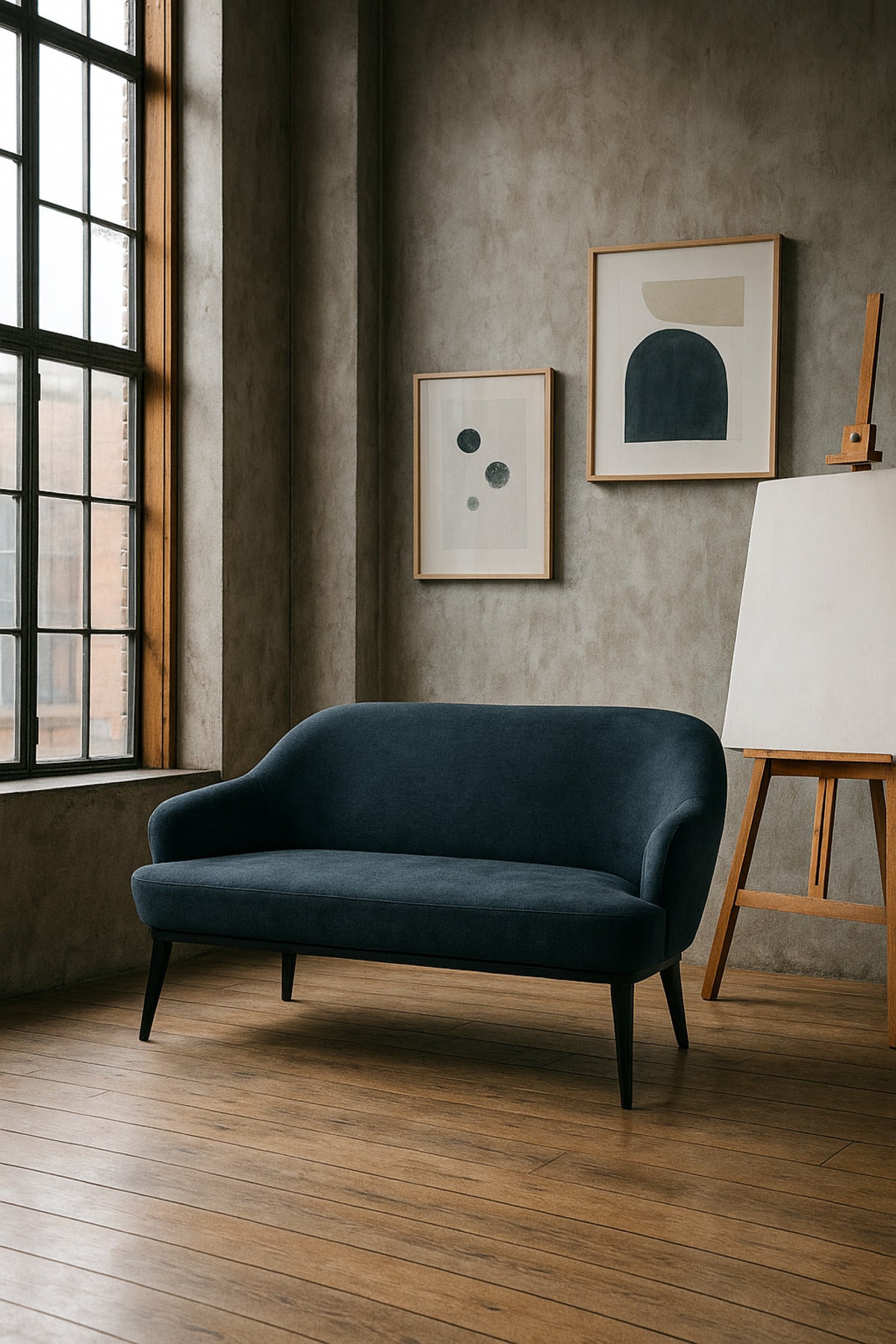 Modern Blue Two-Seater Sofa Ð Elegant Fabric Couch with Minimalist Design & Tapered Legs