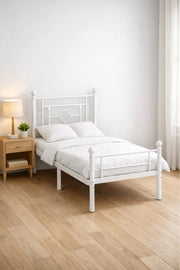 White Metal Single Bed Frame with Decorative Headboard