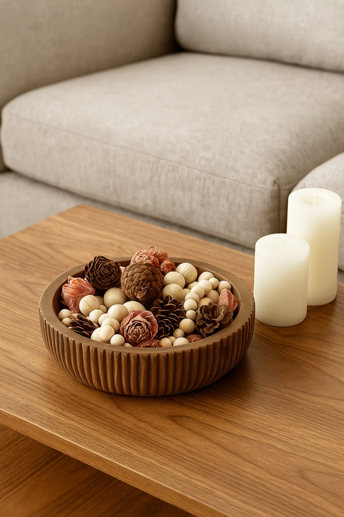 Walnut Wooden Ribbed Decorative Bowl Ð Modern Table Centerpiece