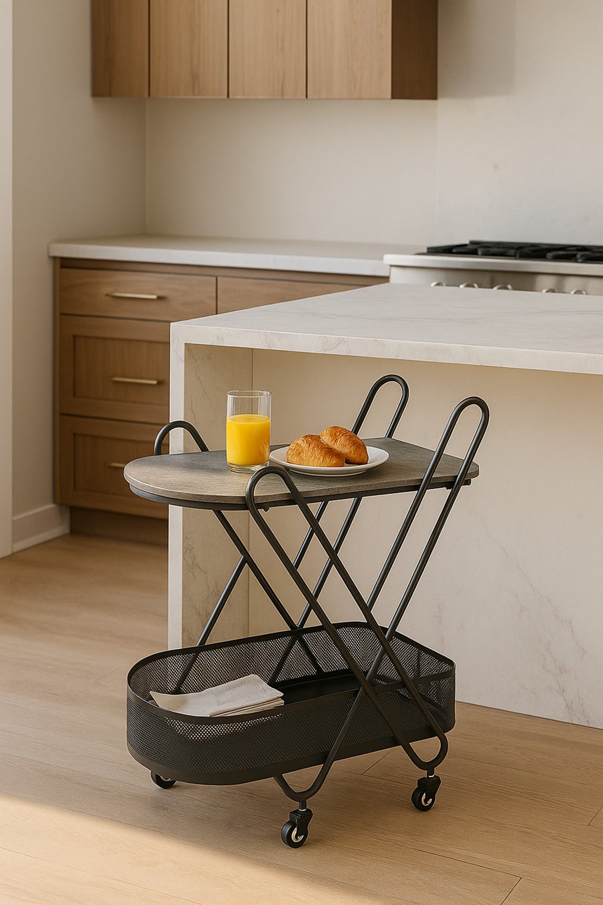 Gray Metal Serving Trolley Ð 2-Tier Industrial Bar Cart with Mesh Basket & Wheels 70_44_85 cm