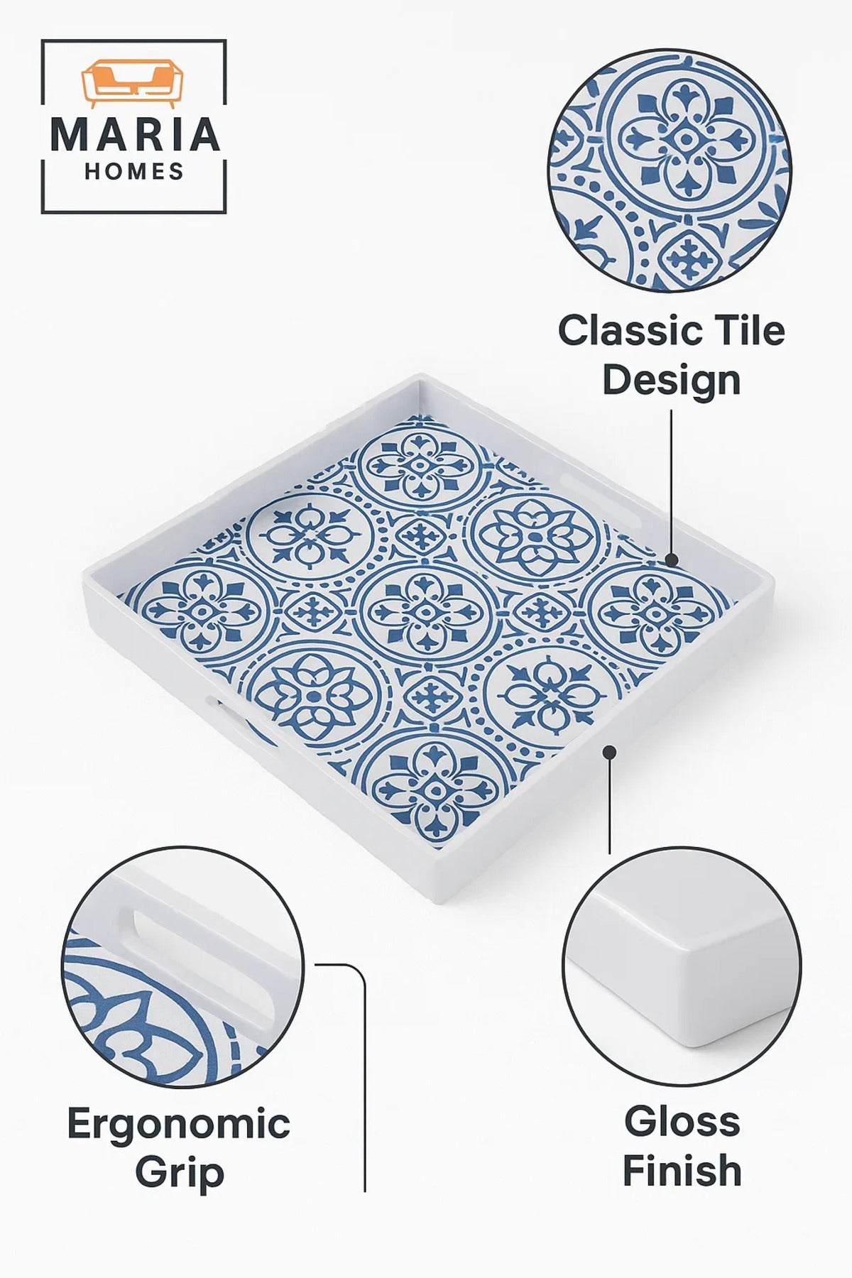Square Plastic Serving Tray with Modern Geometric Print √ê White Frame, size 35*35 cm
