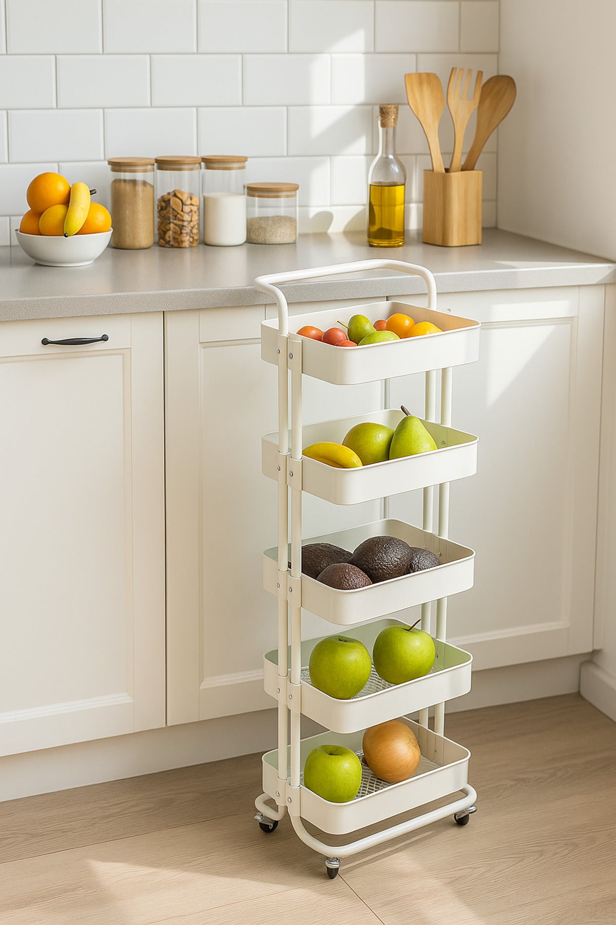 5-Layer White Metal Storage Trolley with Wheels Ð Tall Multi-Purpose Organizer Cart
