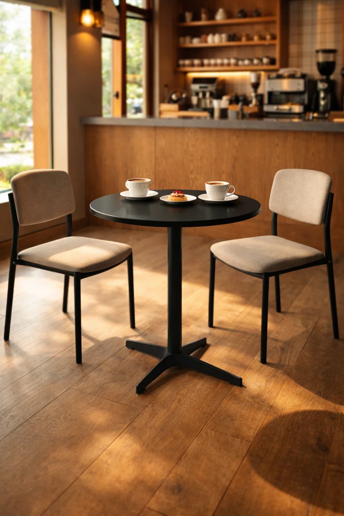 Modern Black Round Cafe Table 70cm Wood Top Metal Cross Base for Kitchen Dining Breakfast Nook