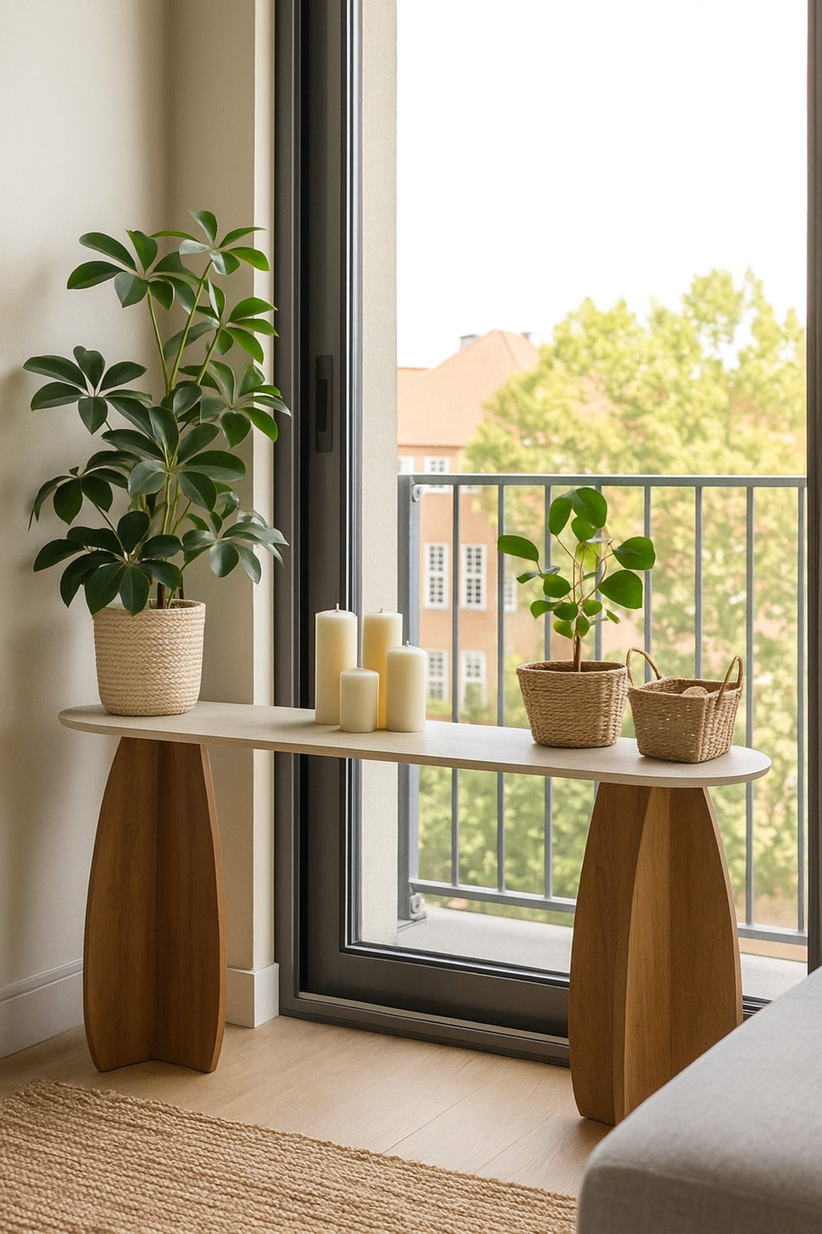 Modern Console Table 140_40_80 cm Ð Brown Wooden Base with Beige Top for Entryway & Living Room