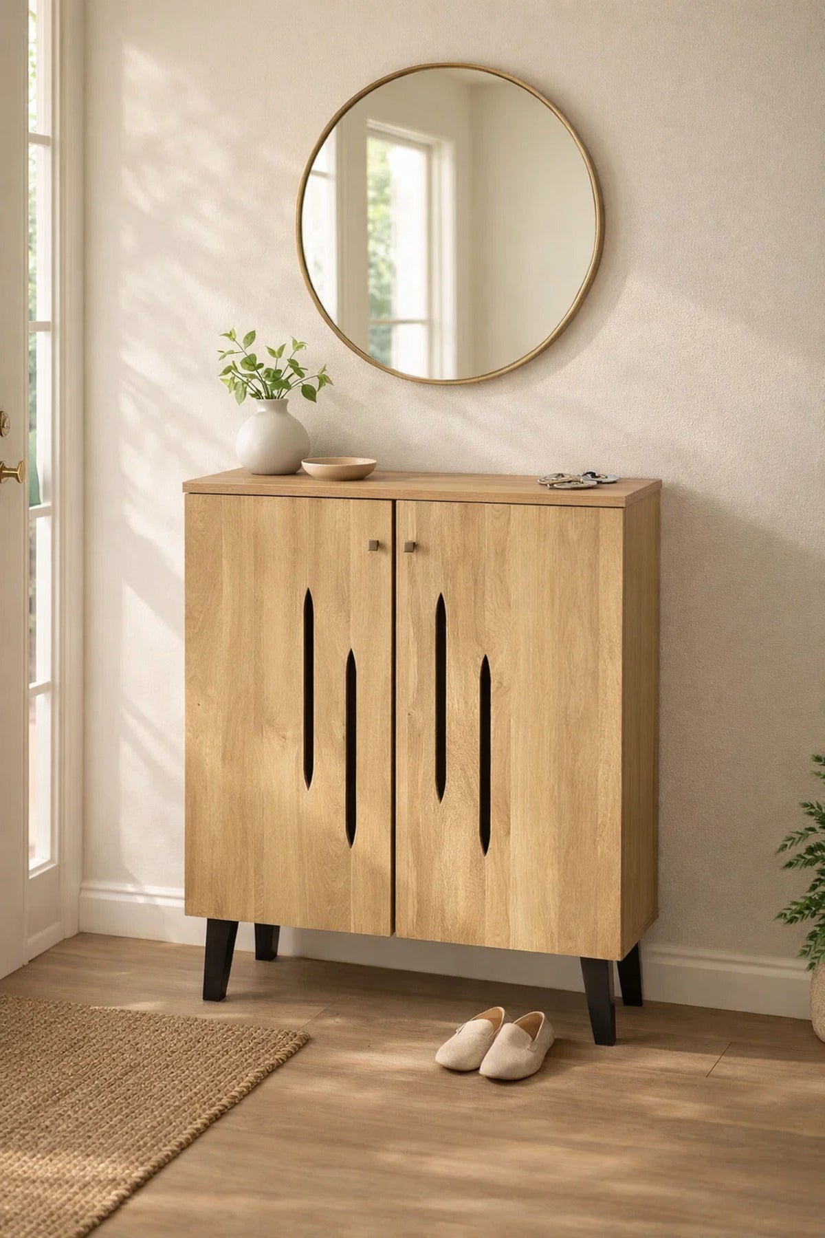 Modern Wooden Shoe Cabinet Light Brown with Vertical Cut Out Design 80 x 32 x 94 cm