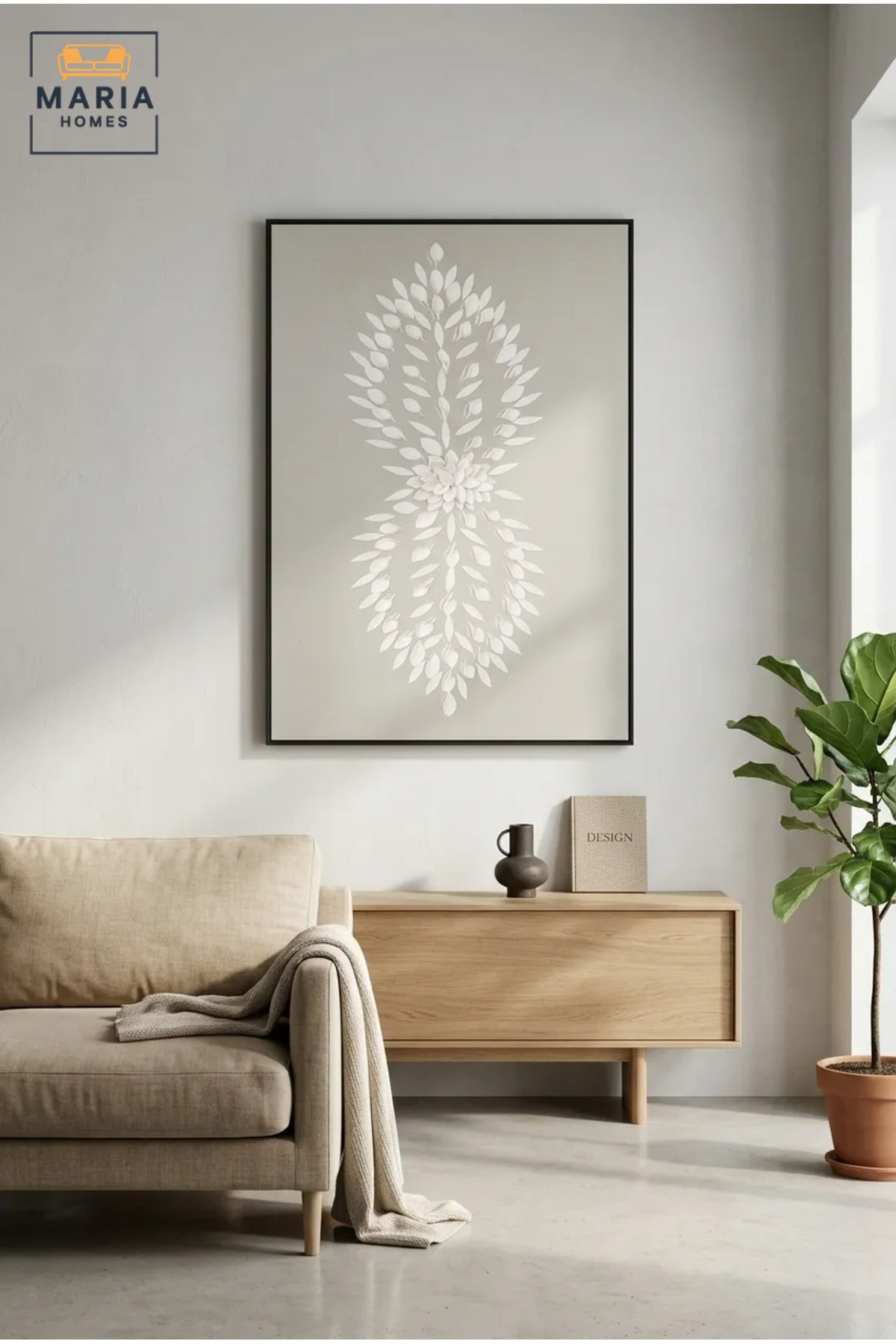 Modern Botanical Textured Wall Art with Slim Black Frame, White Leaf Design on Neutral Grey Canvas for Living Room, Bedroom, Hallway and Office Décor