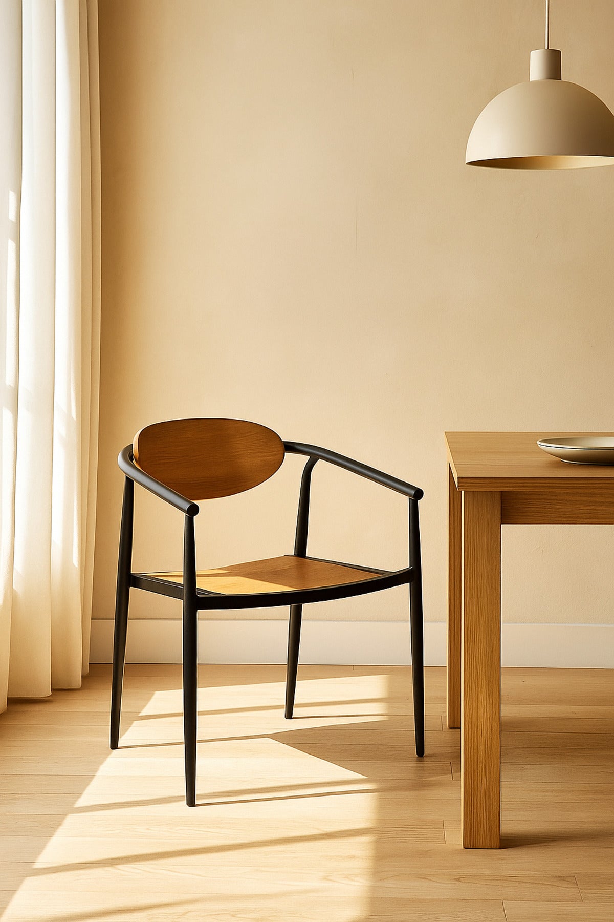 Black & Champagne Metal and Wood Chair Modern Dining Armchair with Wooden Seat and Backrest for Home