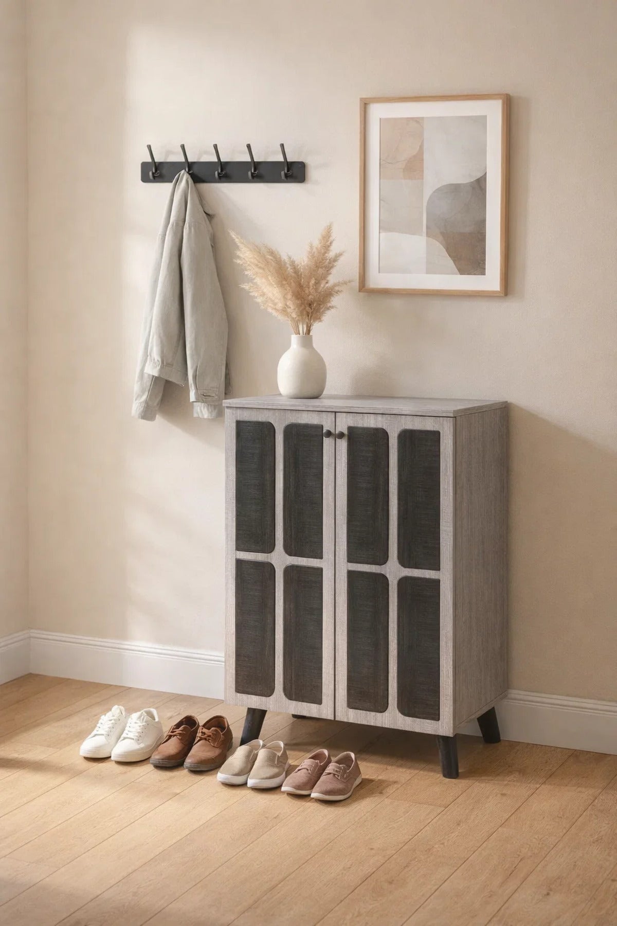 Stylish Grey Wooden Shoe Cabinet 2-Door Entryway Organizer with Mesh Design & Sturdy Legs Storage