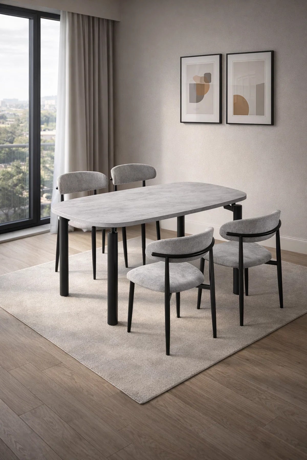 Grey Marble-Look Dining Table Set with 4 Chairs √ê 160_90cm