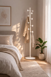 Minimalist White Floor Standing Coat Rack with Round Knobs for Entryway Bedroom and Office Storage
