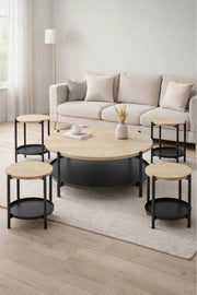 Round Wood Coffee Table Set with 4 Side Tables and Storage Shelf 90 _ 90 _ 45 cm