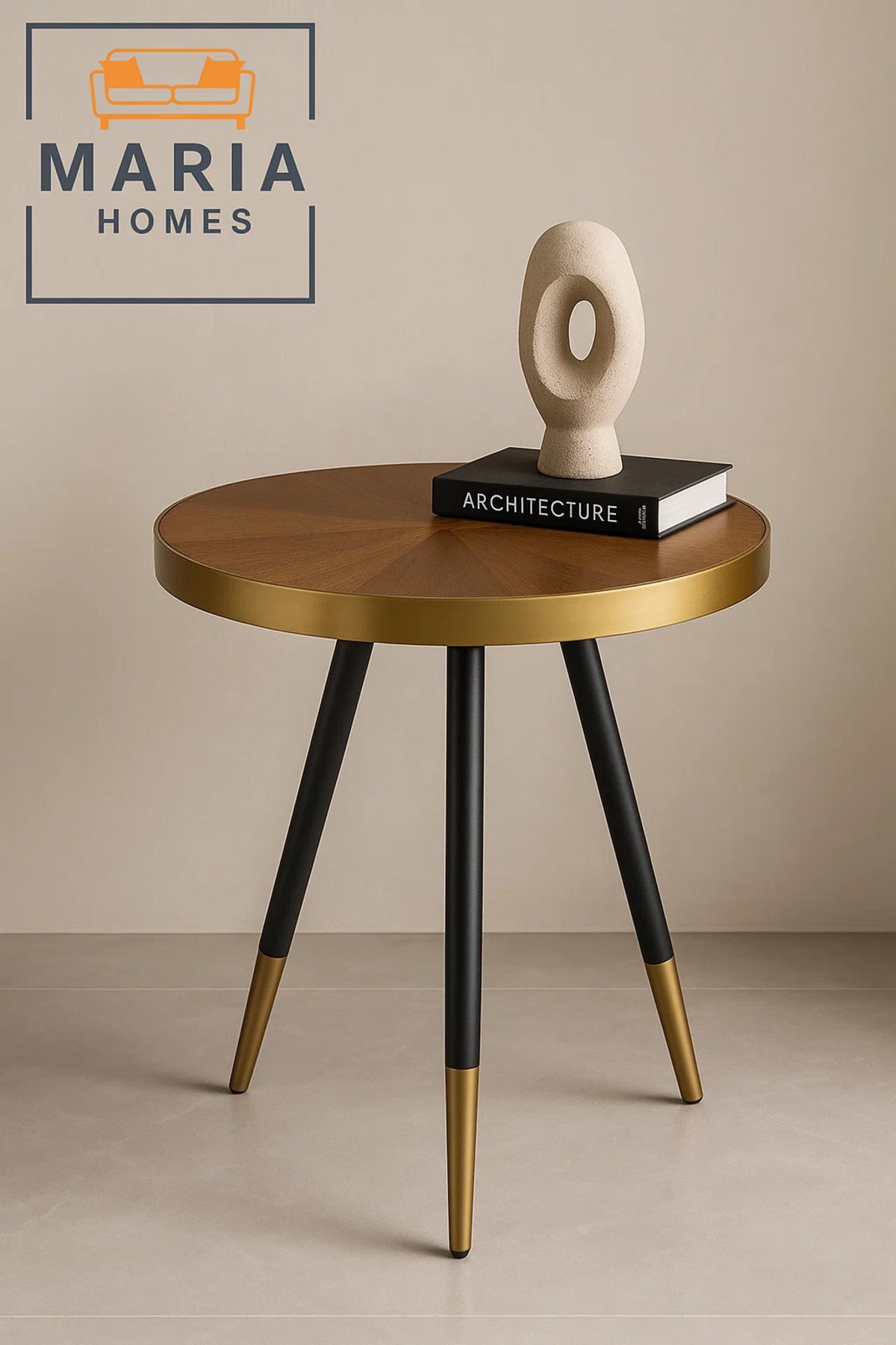 Tripod Round Side Table with Gold and Walnut Finish