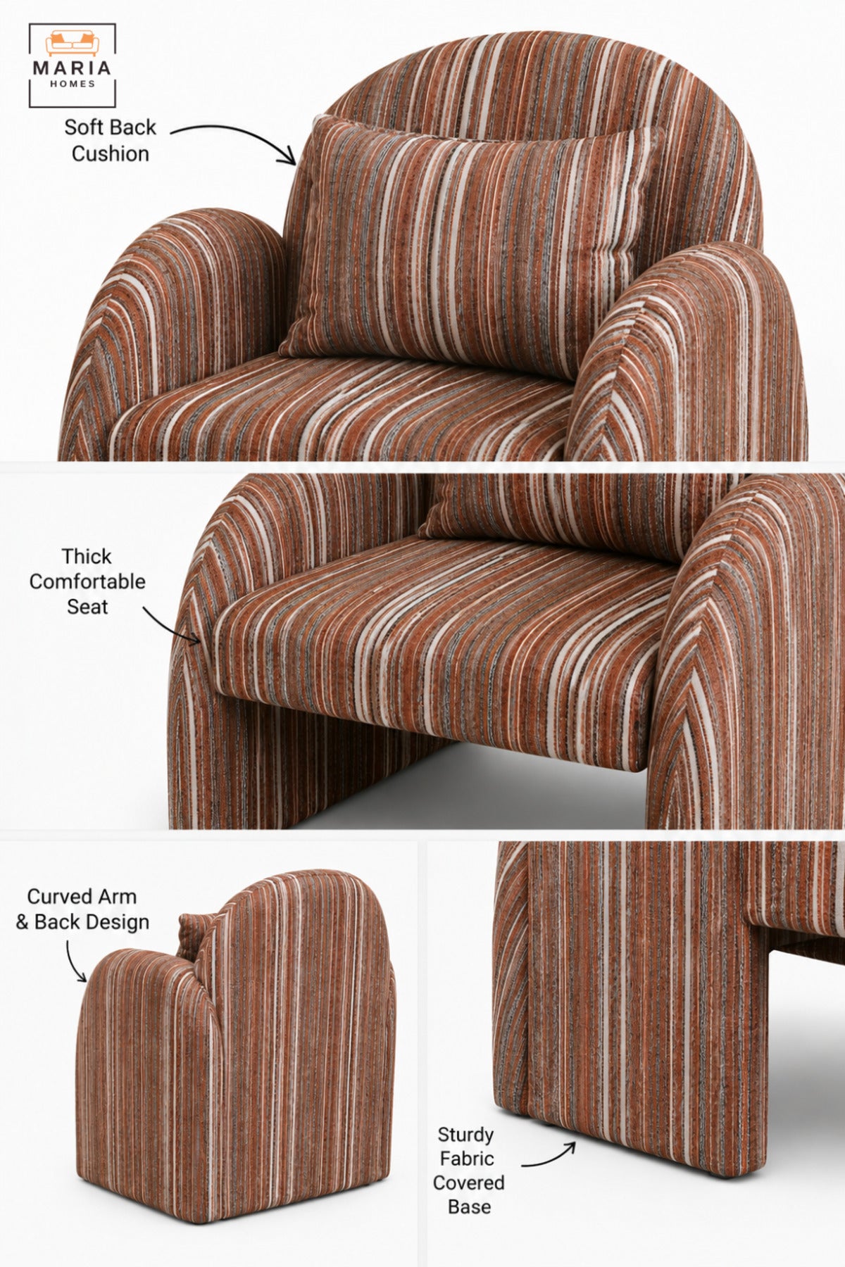 Modern Striped Upholstered Accent Chair with Curved Backrest, Rounded Arms & Cushion | Contemporary Lounge Chair for Living Room, Bedroom & Hotel