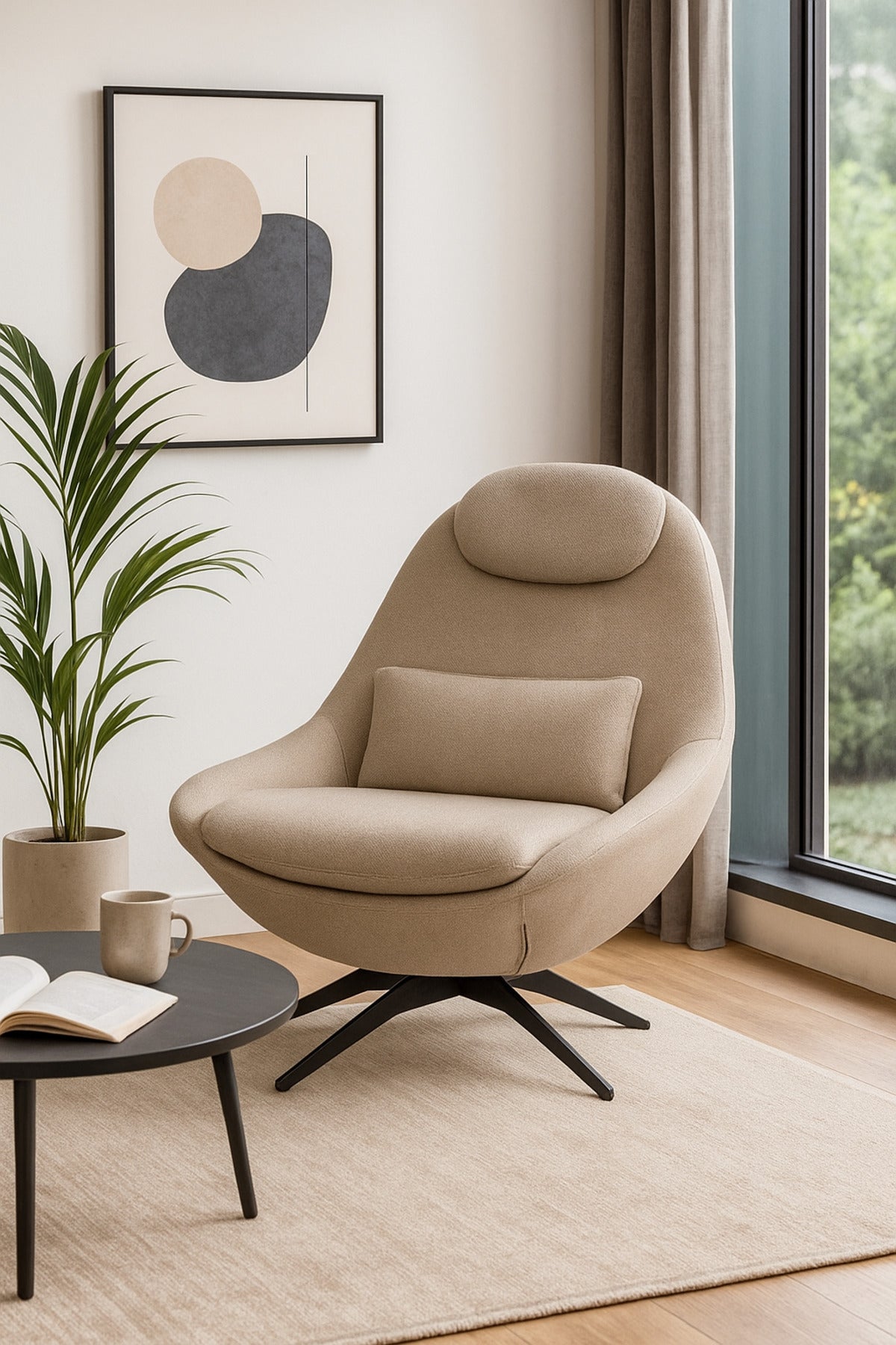 Khaki Fabric Lounge Chair with Cushion & Headrest Ð Modern Living Room Accent Chair