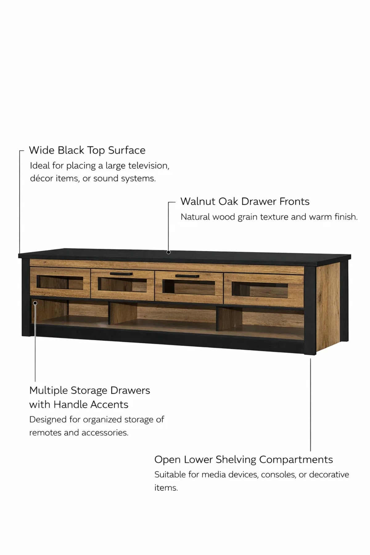Walnut Oak TV Stand 200x40x50 cm Modern Wooden Plasma Table with Drawers & Shelves