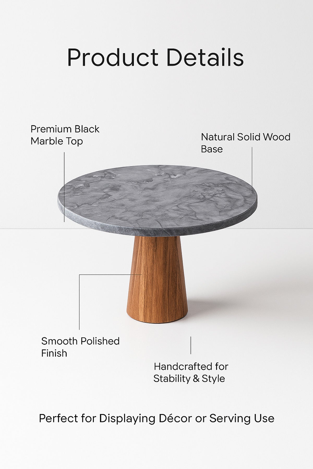 Black Marble Decorative Pedestal Ð Round Display Stand with Wooden Base