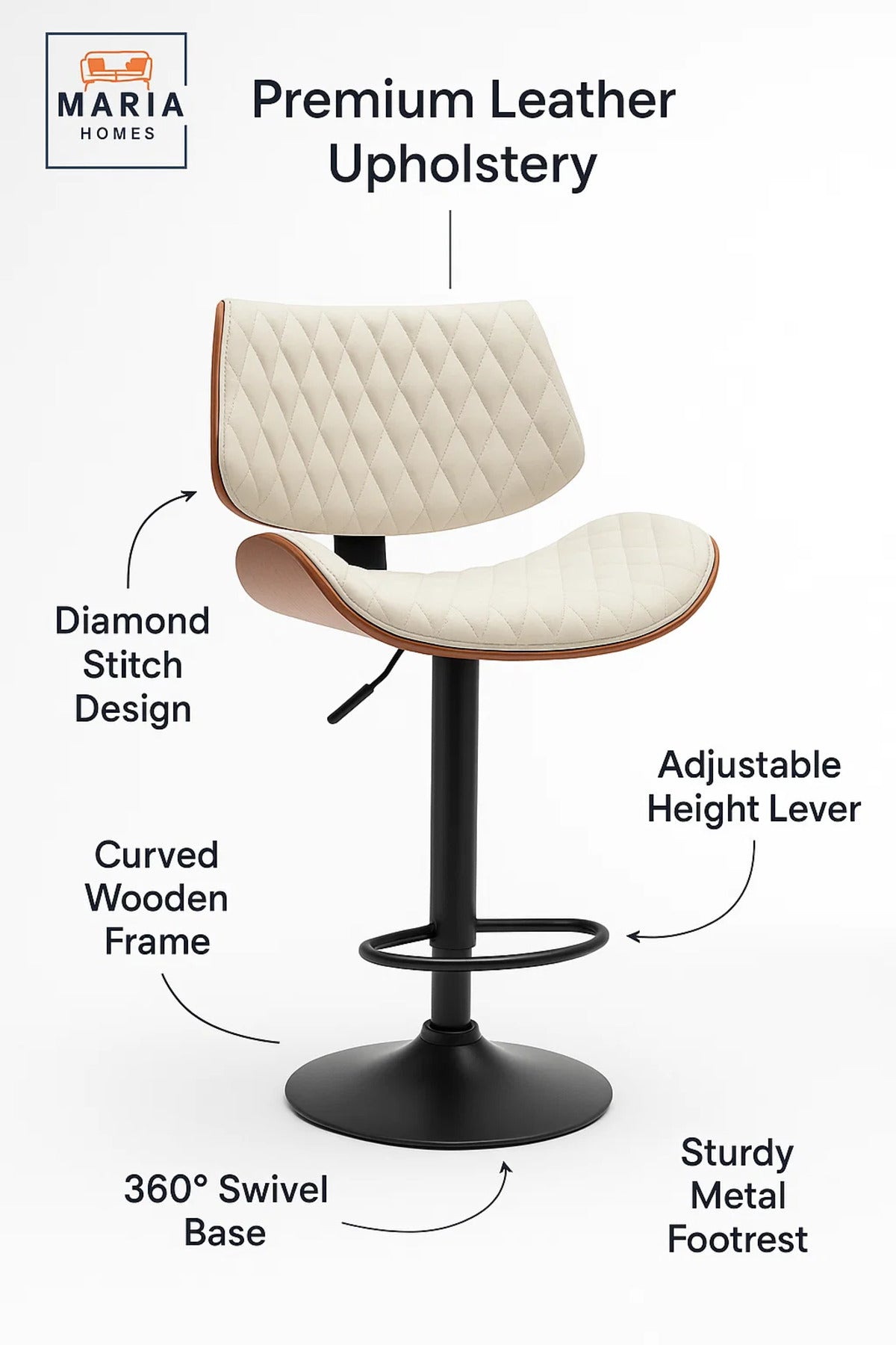 Off-White Adjustable Modern Bar Stool for Kitchen Island & Home Bar, Swivel, Cushioned, Stylish