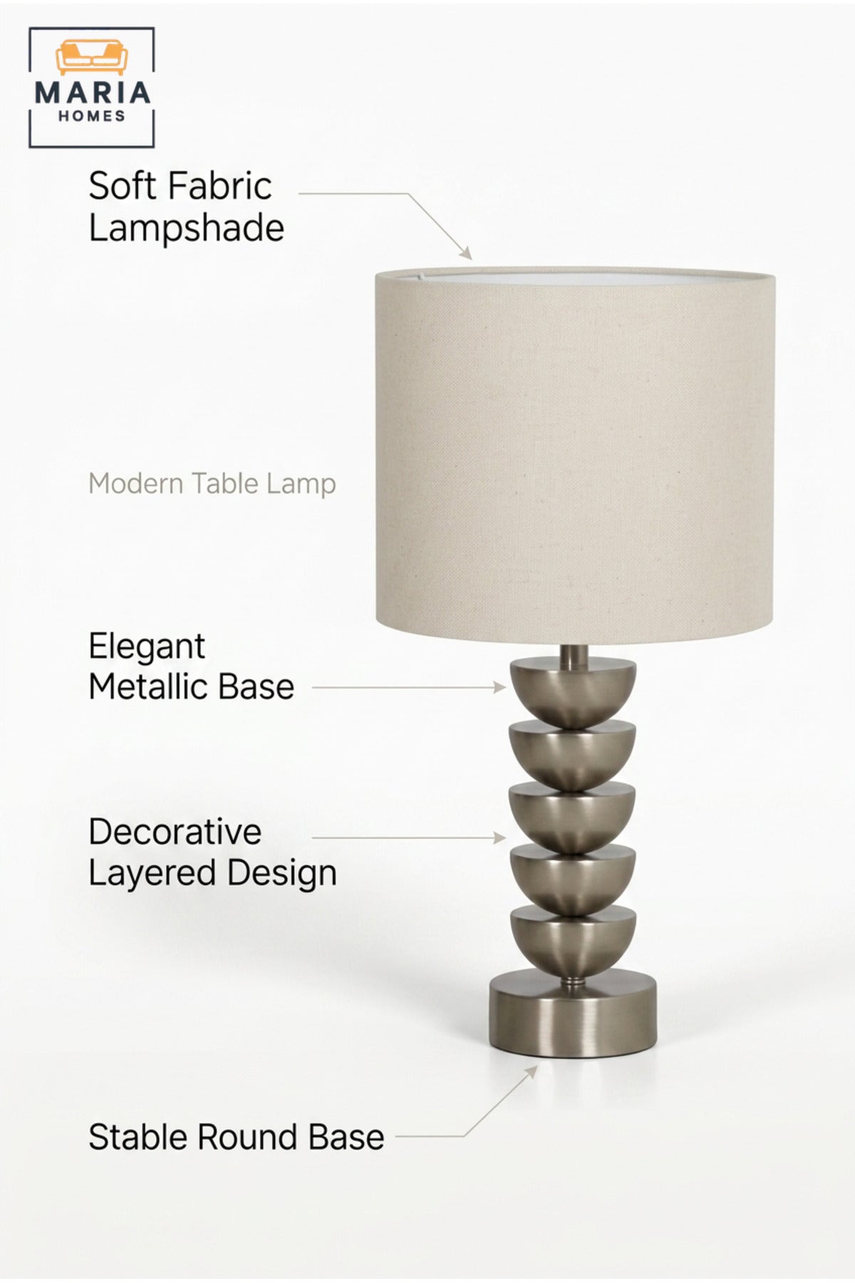 Modern Silver Table Lamp with Stacked Bowl Design and Fabric Drum Shade Decorative Bedside Light for Bedroom Living Room Office and Hotel Décor