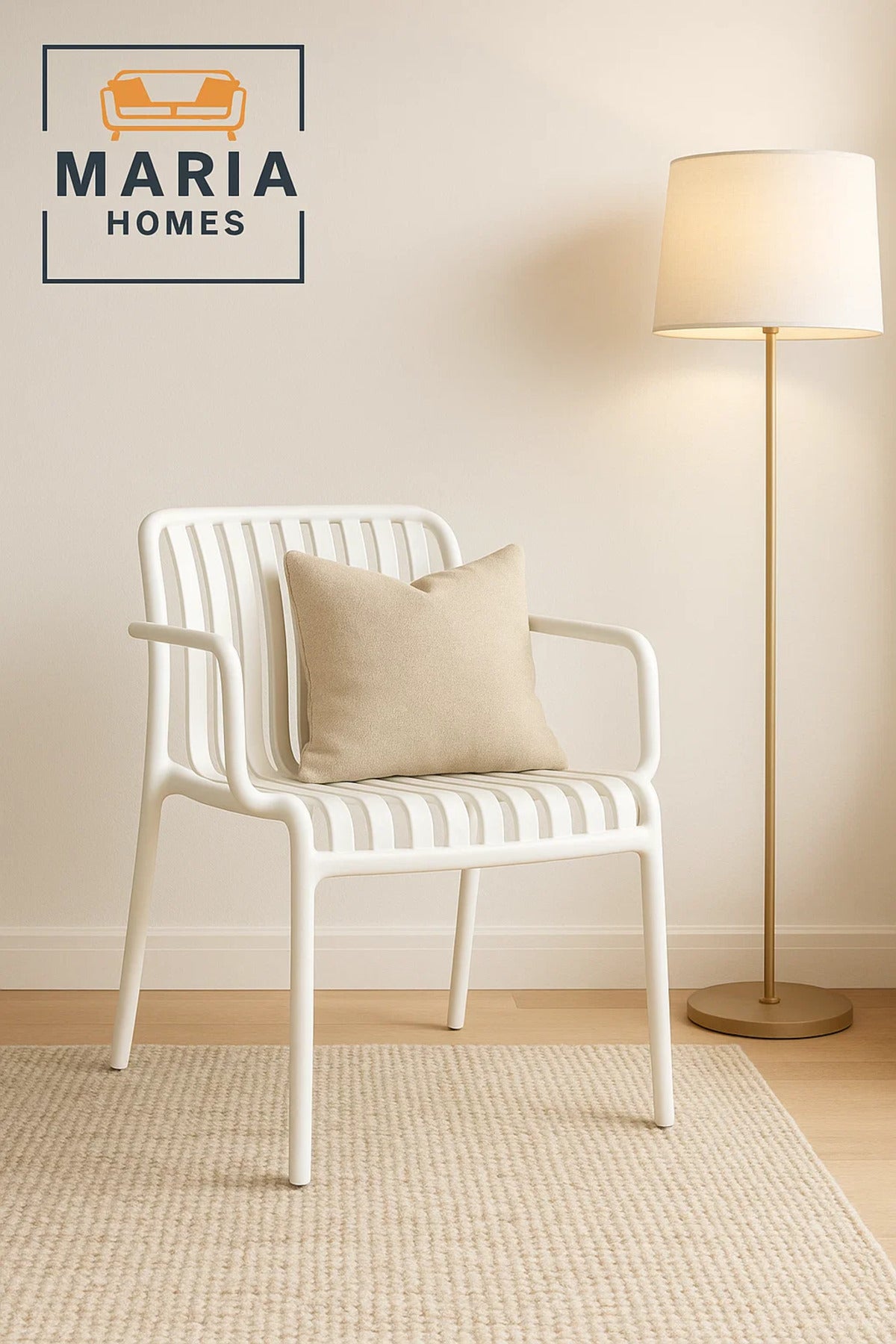 White Plastic Armchair with Slatted Design Ð Stackable Outdoor Chair for Garden or Patio