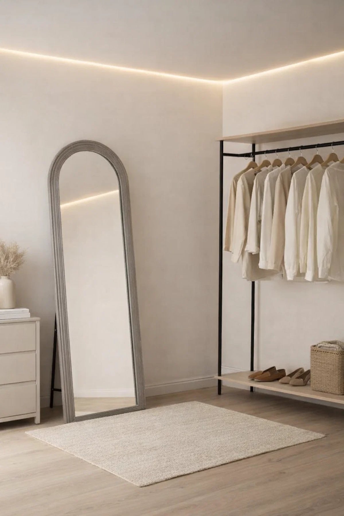 Modern Arched Full Length Standing Mirror 180x70cm Grey Wood Frame for Bedroom and Dressing Room