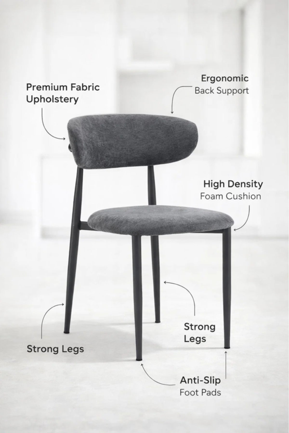 Modern Grey Fabric Dining Chair with Curved Backrest & Solid Wood Legs