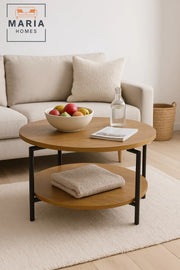 Round oak-finish coffee table with lower shelf and black frame