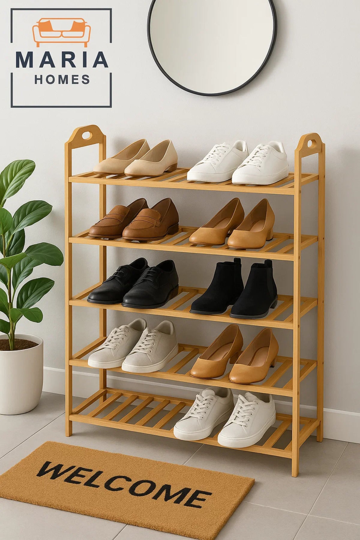 5-Tier Bamboo Shoe Rack Stand for Entryway or Closet Ð Slim, Spacious, and Natural Wood Finish
