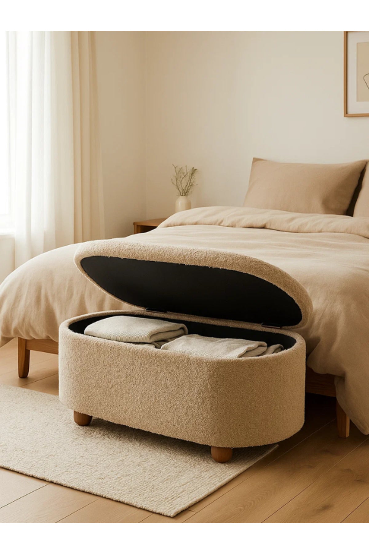 Brown Oval Storage Ottoman Bench with Wooden Base Ð Modern Fabric Seat 109_43_49 cm