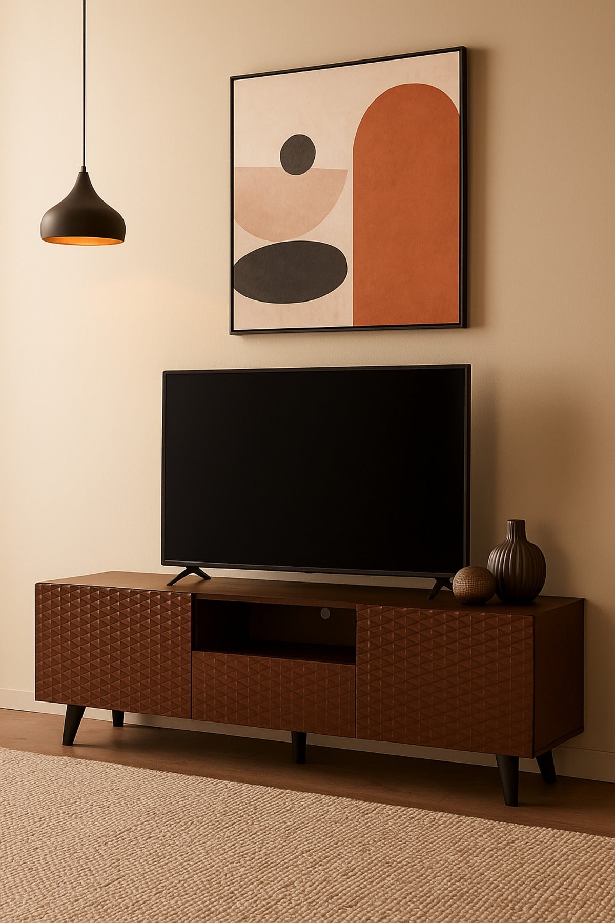 Brown Wooden TV Stand 160_40_61 cm Ð Modern Textured Design TV Unit with Storage Cabinets