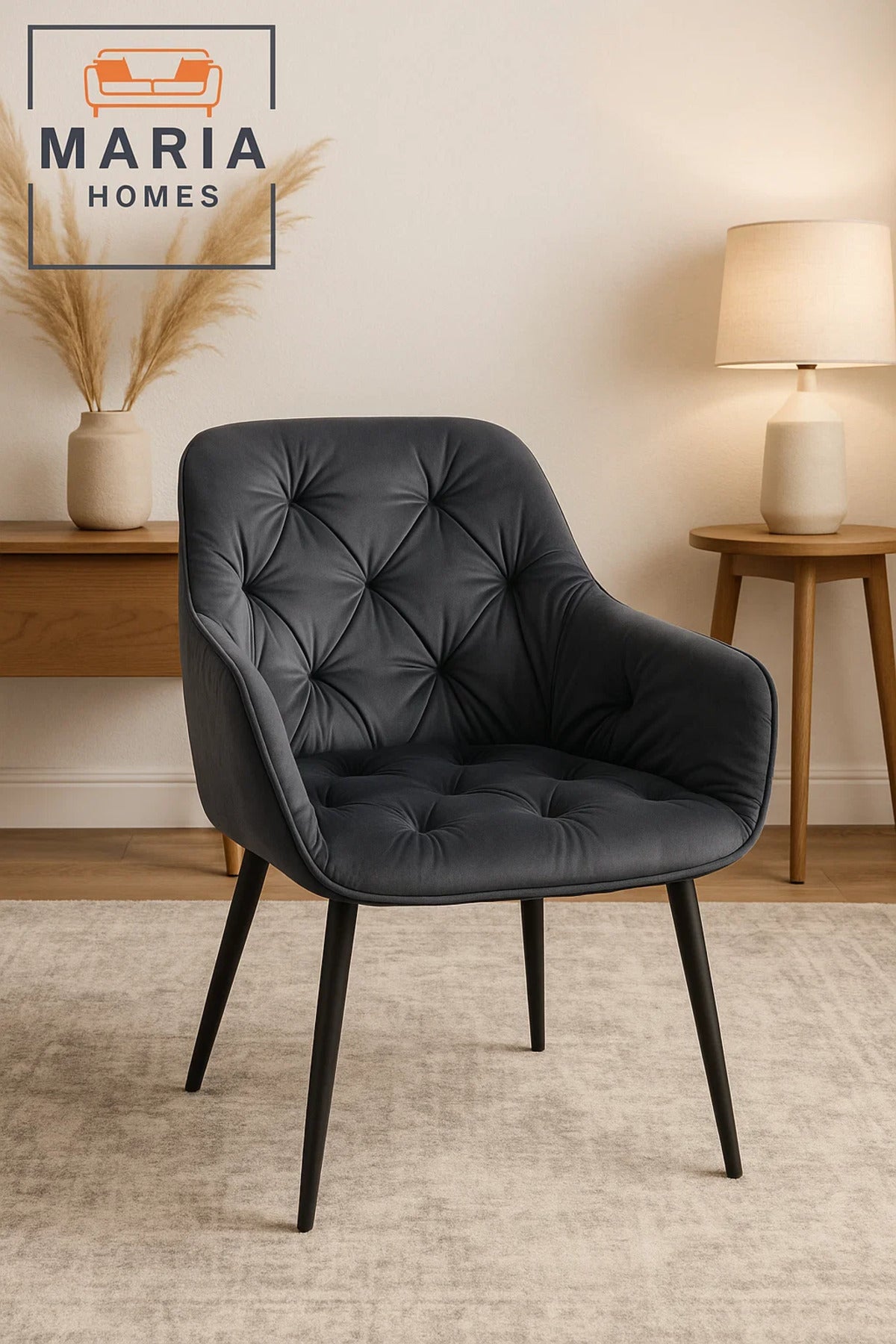 Dark Grey Velvet Tufted Armchair Ð Upholstered Lounge Chair with Black Legs for Home or Office Use