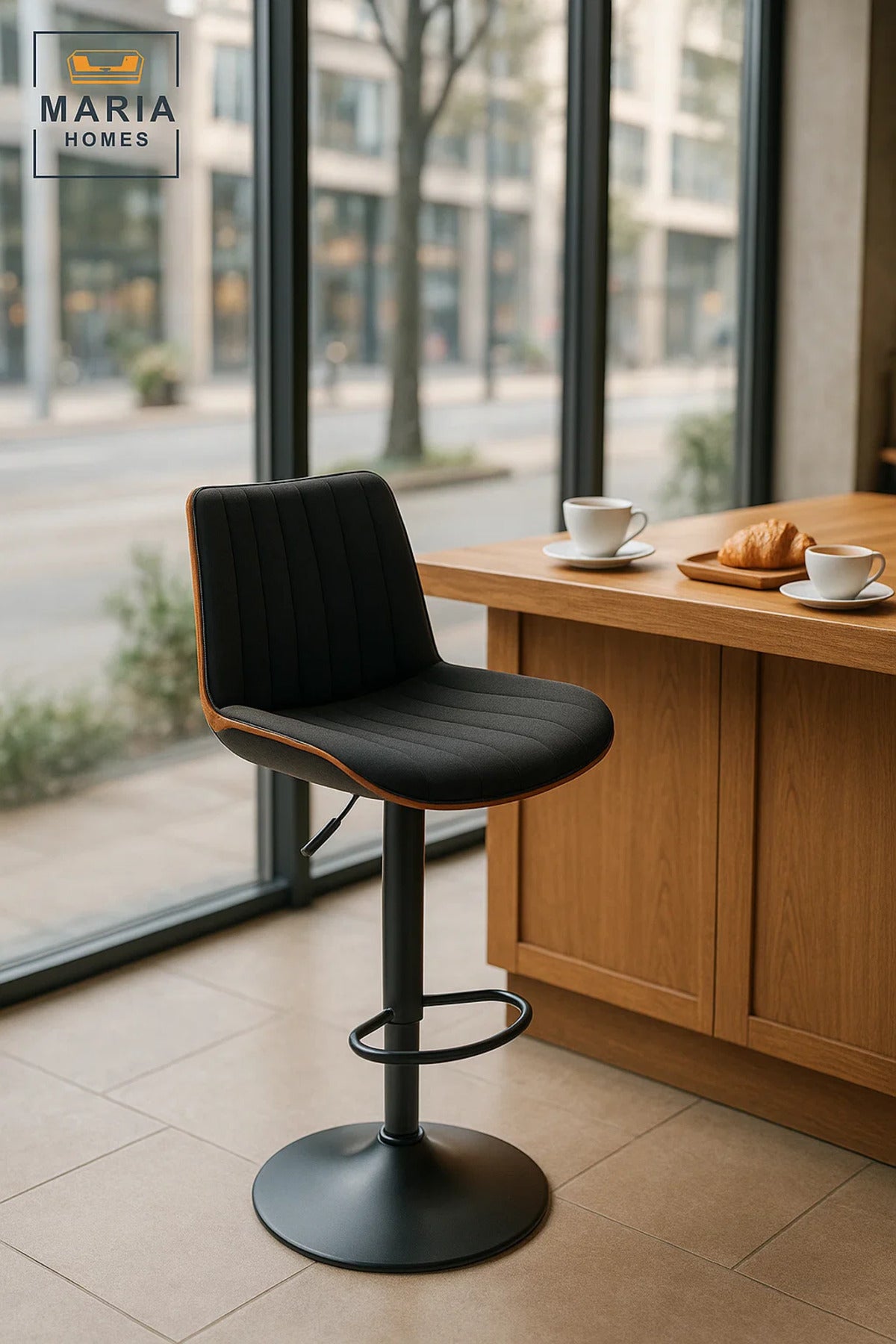 Black Adjustable Swivel Bar Stool for Kitchen Island & Home Bar, Cushioned Modern Counter Chair