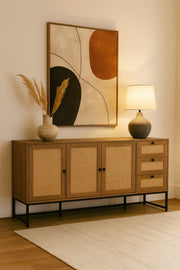 Walnut Rattan Console Table 160_40_85 cm Ð Modern Wooden 4-Door Storage Cabinet with 3 Drawers