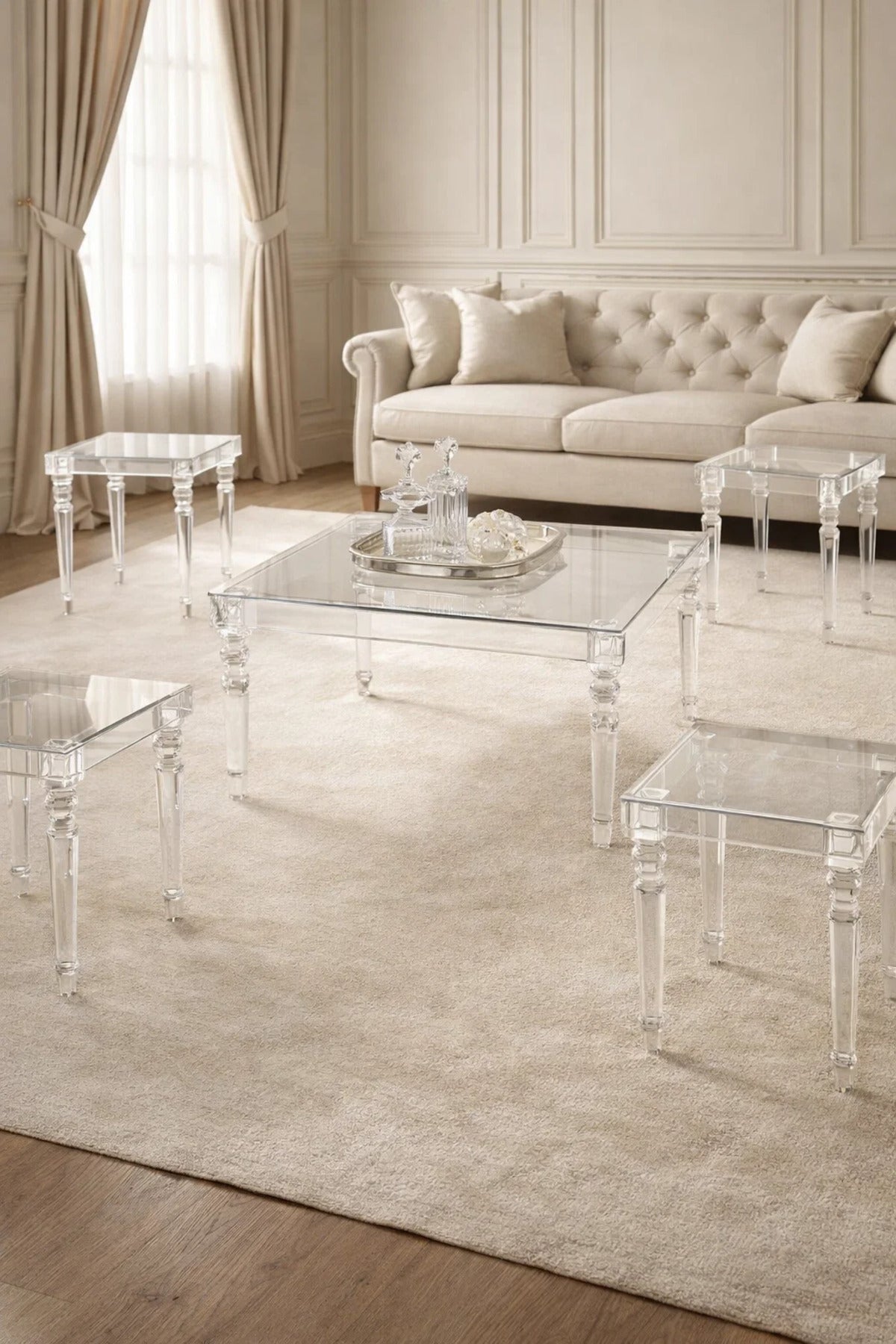 Elegant Transparent Acrylic Living Room Set 5-Piece Square Coffee Table with 4 End Tables