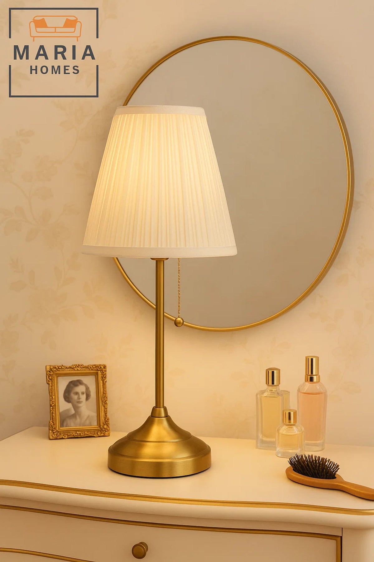 Vintage Brass Table Lamp with Pleated Shade for Cozy Bedroom or Entryway