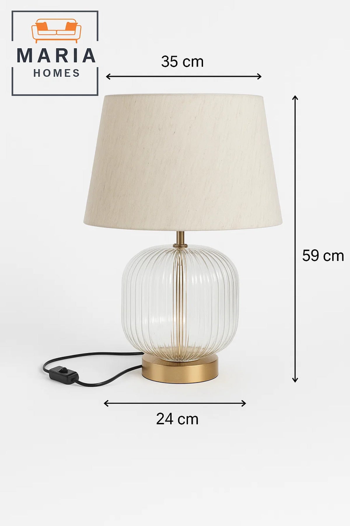 Glass Table Lamp with Ribbed Base and Fabric Shade