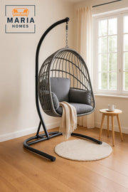 Modern Grey Rattan Hanging Egg Chair with Stand Ð Indoor Outdoor Swing Seat | Comfortable Cushion