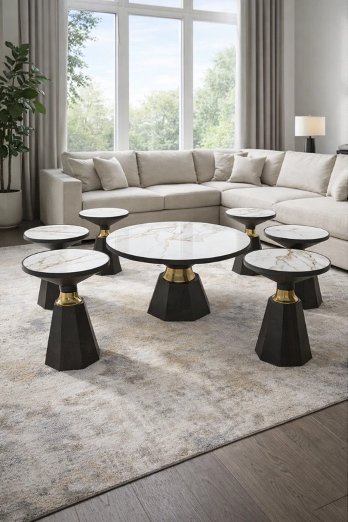 Round Marble Style Coffee Table Set with 6 Side Tables round marble style Center