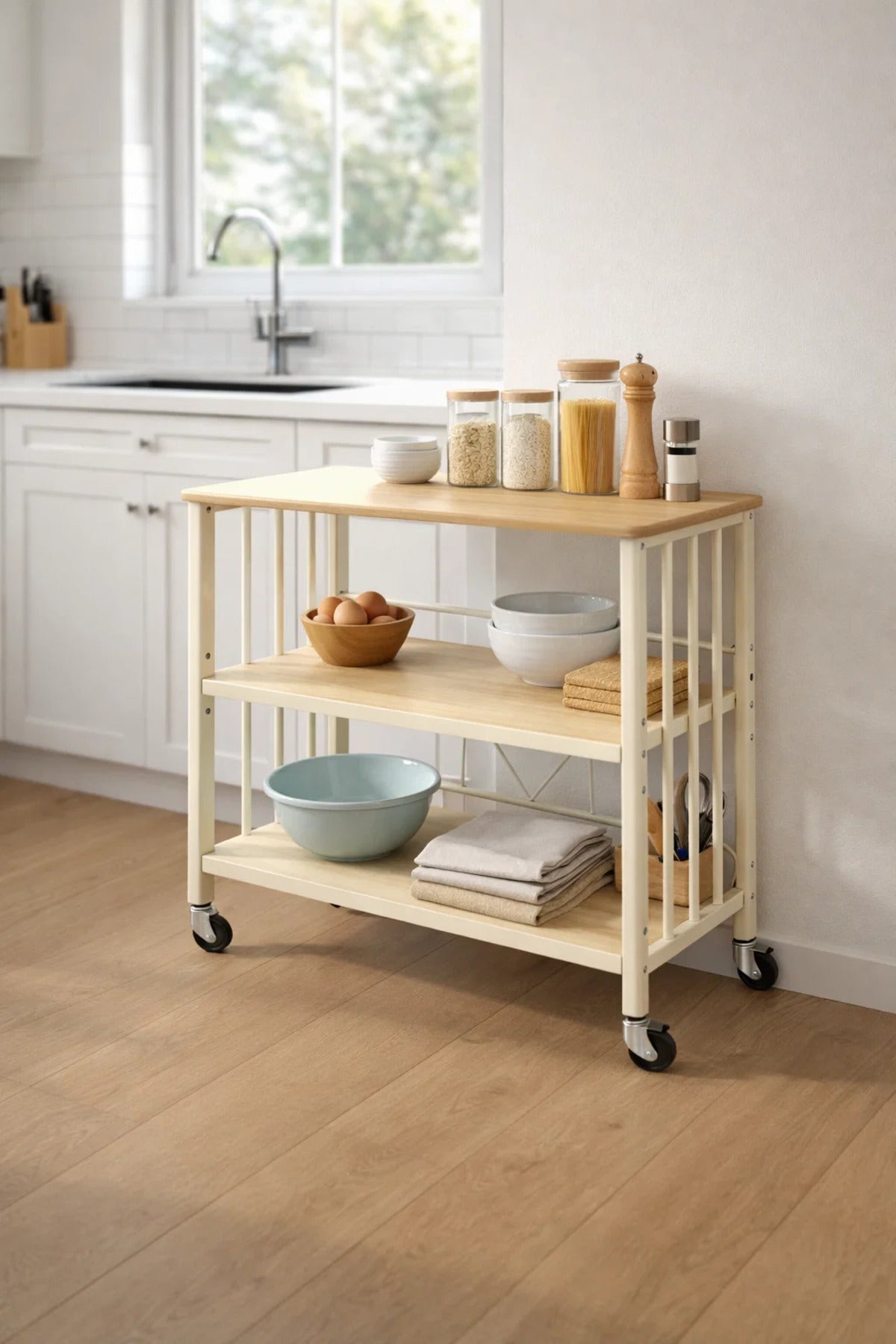 Light Wood 3-Tier Rolling Storage Shelf 80_40_80 cm