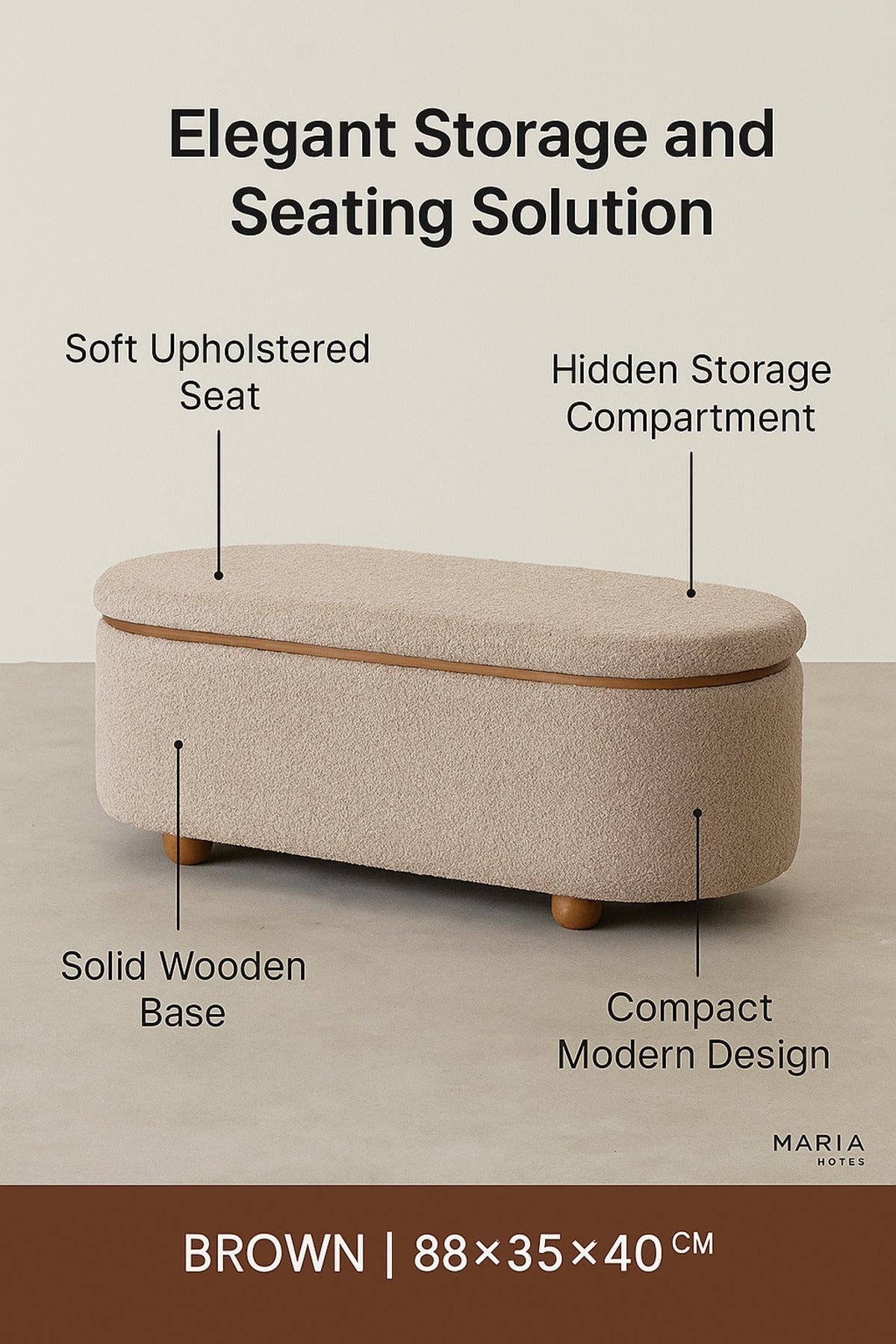 Brown Oval Storage Ottoman Bench with Wooden Base Ð Modern Fabric Seat 88_35_40 cm