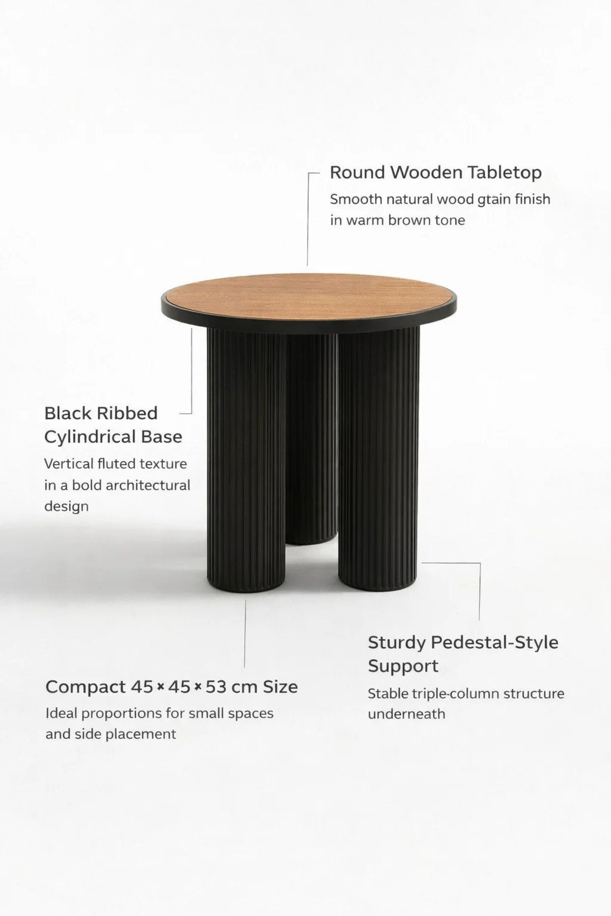 Modern Round Side Table Black Fluted Base Wood Top Living Room Accent End Table Nightstand