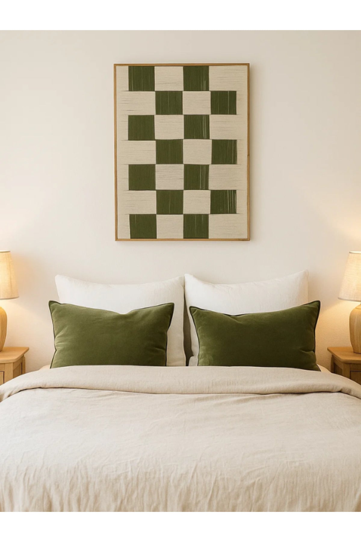 Modern Geometric Wall Art Ð 120_80 cm Beige and Green Checkered Framed Canvas DŽcor