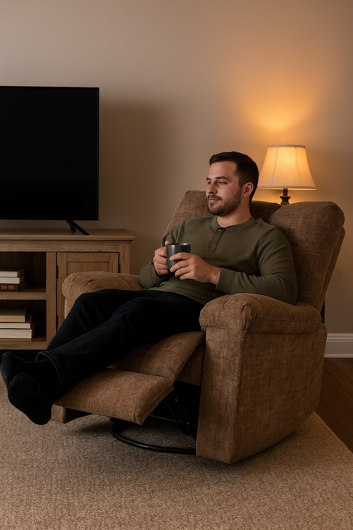Brown Fabric Recliner Chair with Swivel, Rocking & Footrest Ð Comfortable Lounge Seating
