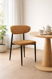 Modern Brown Fabric Dining Chair with Curved Backrest & Solid Wood Legs