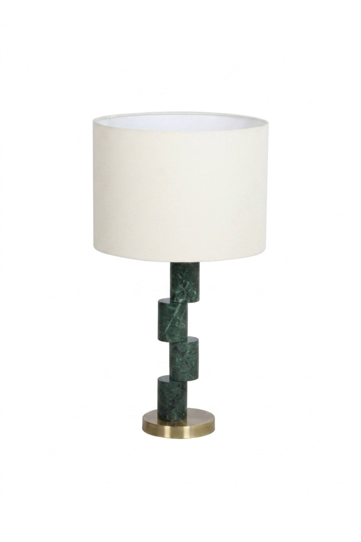 Modern Green Marble Effect Table Lamp with Geometric Column, White Fabric Drum Shade and Gold Base Decorative Bedside Light for Home and Office